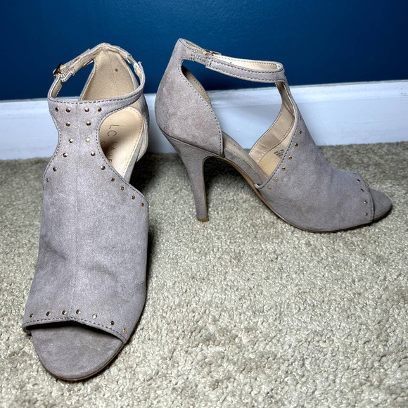 LC Lauren Conrad Cannoli Gold Snaps Peep Toe Ankle Strap Stiletto Pumps Taupe 7 - Picture 2 of 8